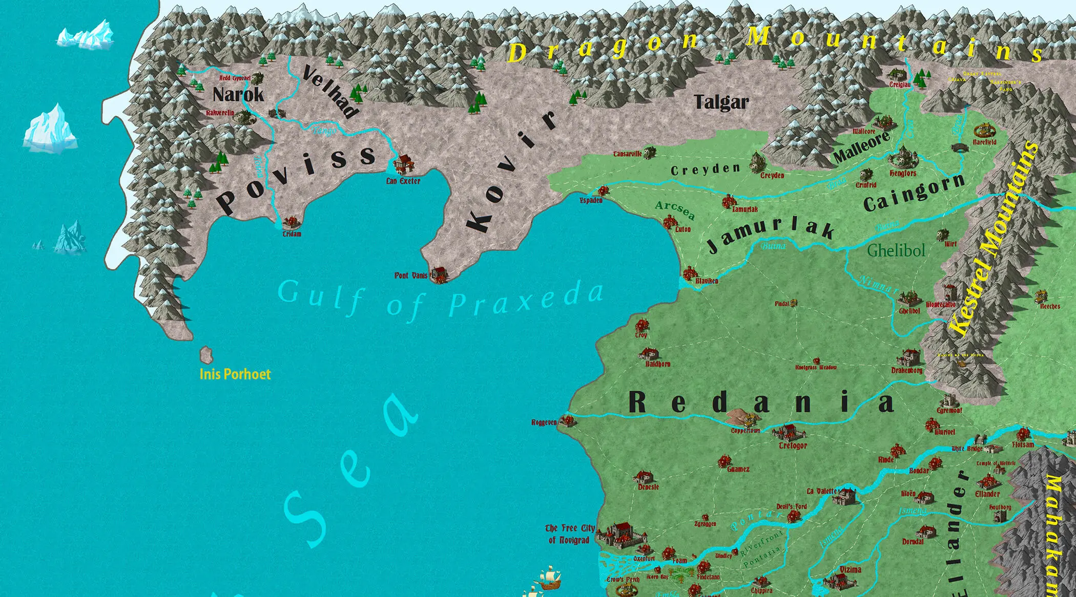 Kovir and Redania on a map of the Witcher continent