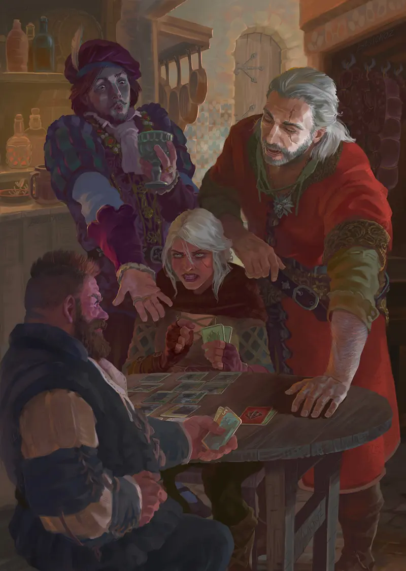 Geralt and Dandelion watch a game of Gwent, Art by Lyubava Blagodarnaya
