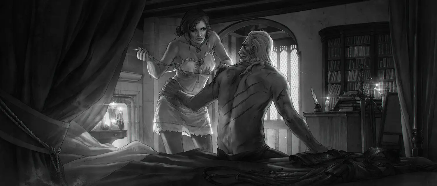 Triss and Geralt in Kovir Artwork by Marcin Karolewski